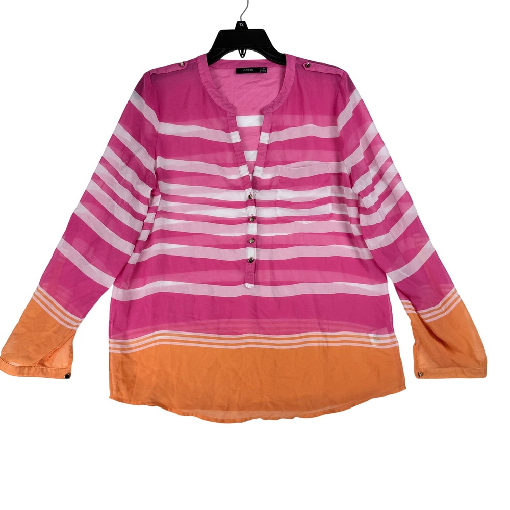 Apt 9 Blouse Womens Medium Pink Orange Striped Chiffon Roll Tab Preppy Nautical